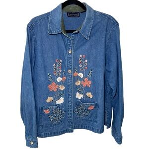 Vtg Denim Cotton Embroidered Floral Jacket L